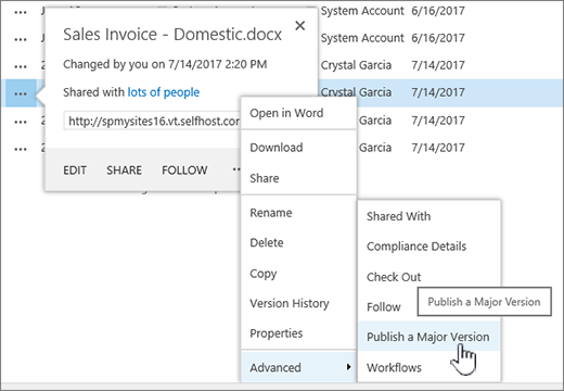 Click Publish a Major Version