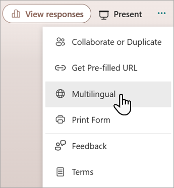 Screenshot showing the Multilingual feature for adding languages to a Microsoft form or quiz.