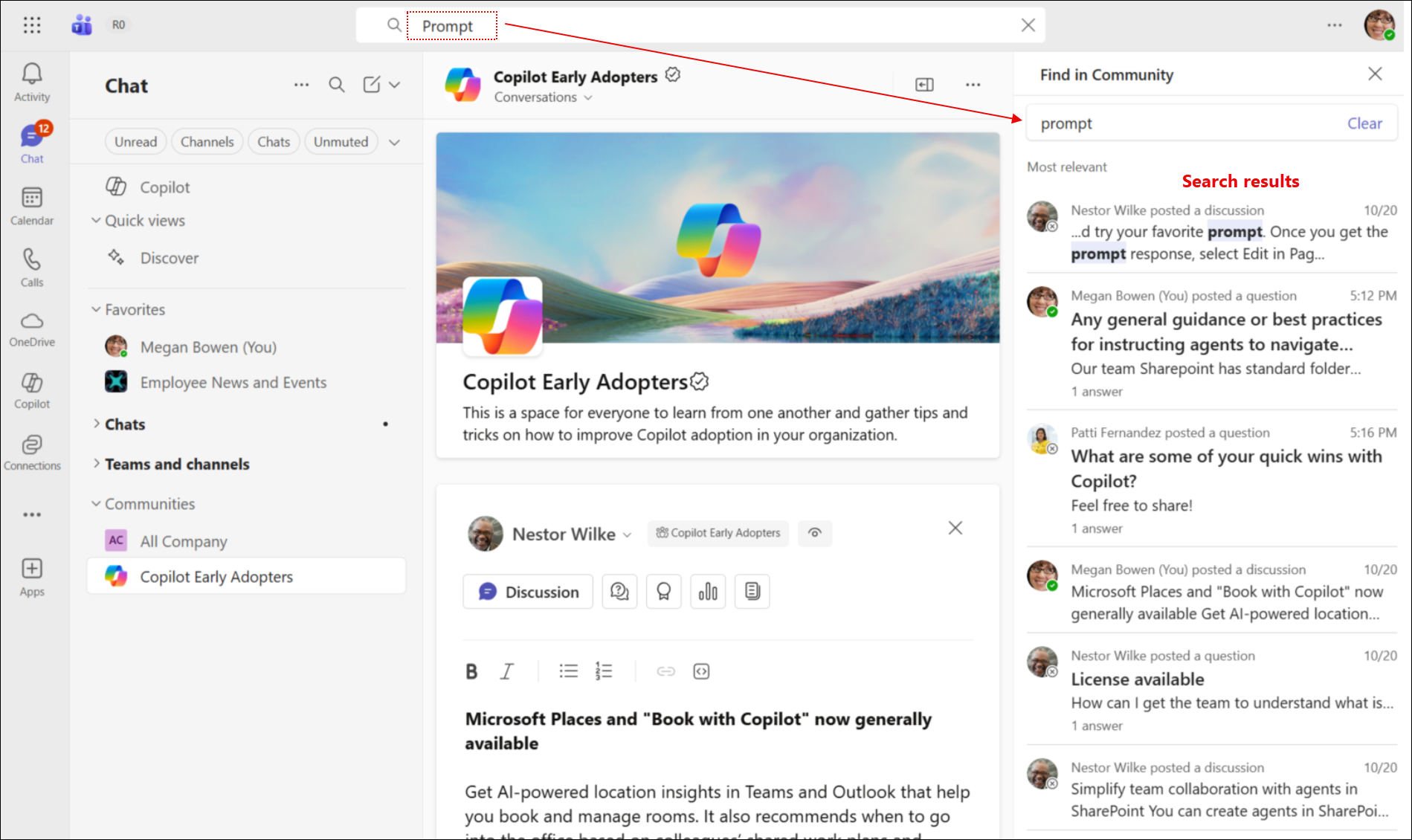 Screenshot illustrating entering searches to Engage powered by Copilot technology
