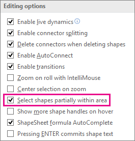 Select shapes partially within area specifies inclusion of shapes partially within a selection area.