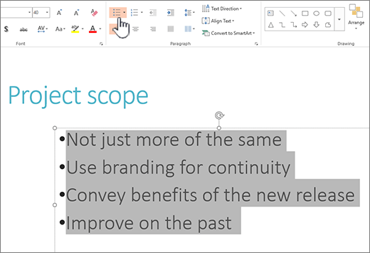 Selected text with bullets applied