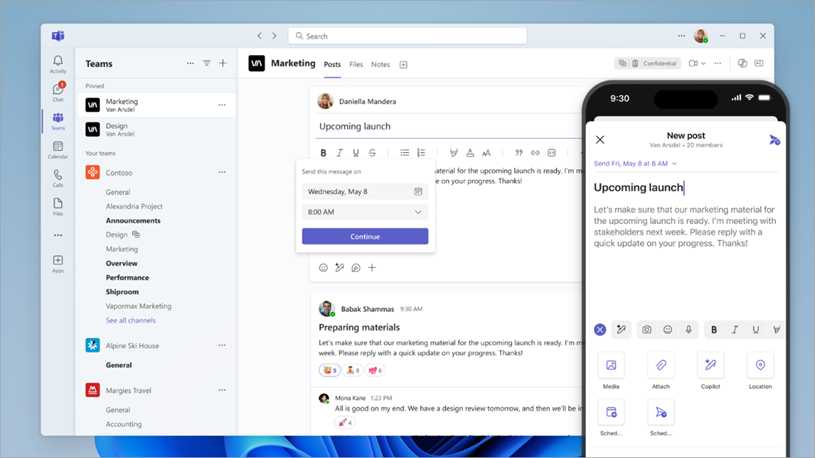 Screenshot showing channel post and message scheduling in Teams.