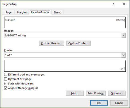 Page Setup > Header and Footer options
