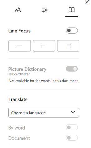 Screenshot of the reading preferences menu in the Immersive Reader screen.