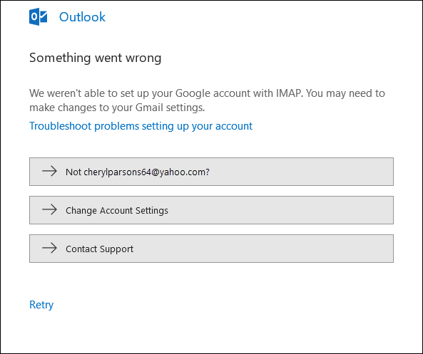Something went wrong adding an email account to Outlook.