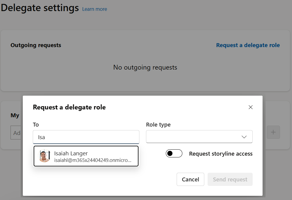pop up including relevant information to submit the delegate request