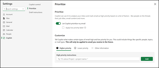 The Prioritize settings in Outlook.