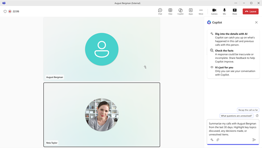 Screenshot showing a Teams VoIP call with Copilot window open.