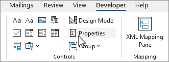 Developer tab with control properties button selected