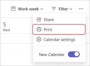 Screenshot highlighting "Print" option in a Teams calendar.