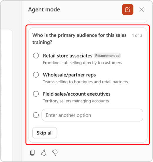 Clarifying questions in Agent Mode chat