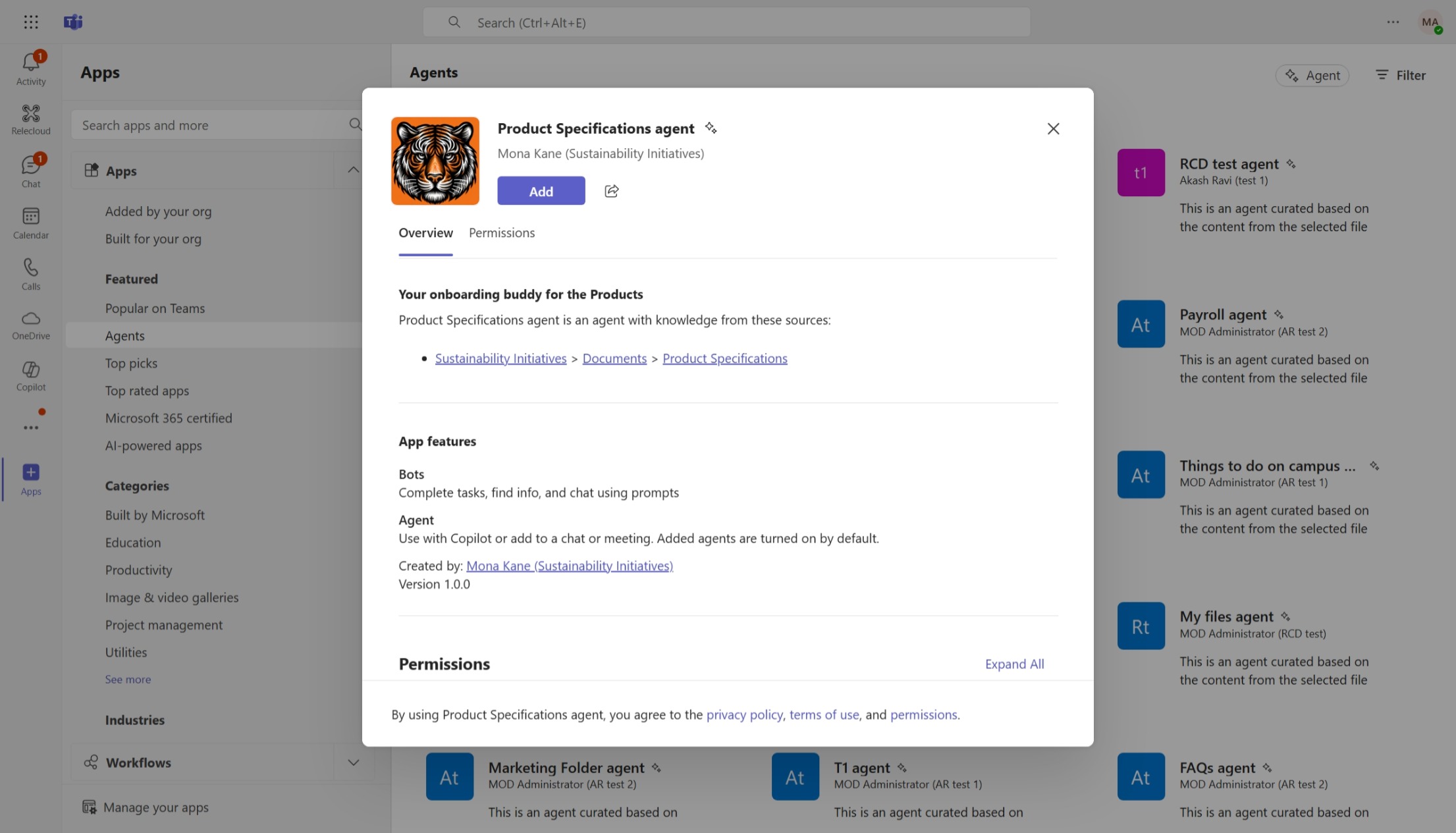 Modal showing SharePoint agent details from Teams app store.