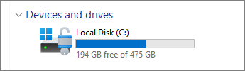 File Explorer image of available space on the C drive.