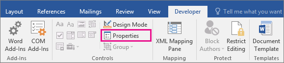 The Properties option is highlighted on the Developer tab.