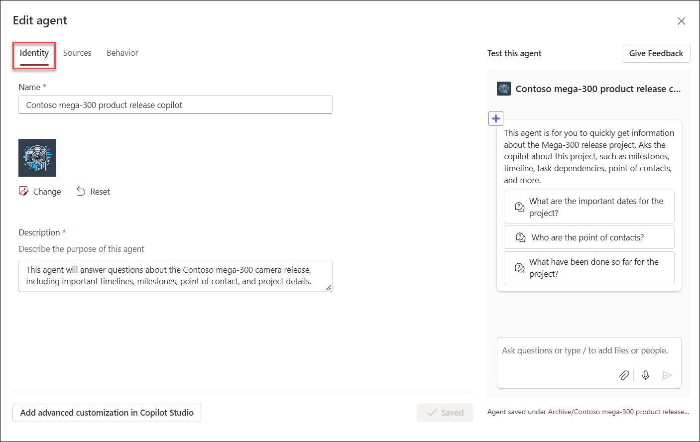 screenshot of the starter UI to edit a copilot agent