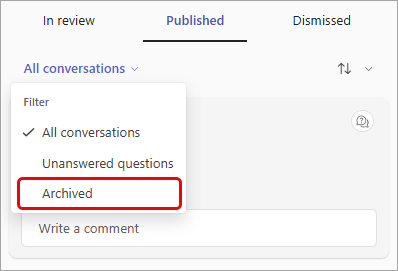Screenshot of the Q&A filter dropdown menu, with archived highlighted.