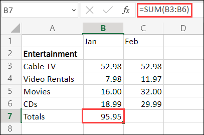 Excel for the Web AutoSum formula