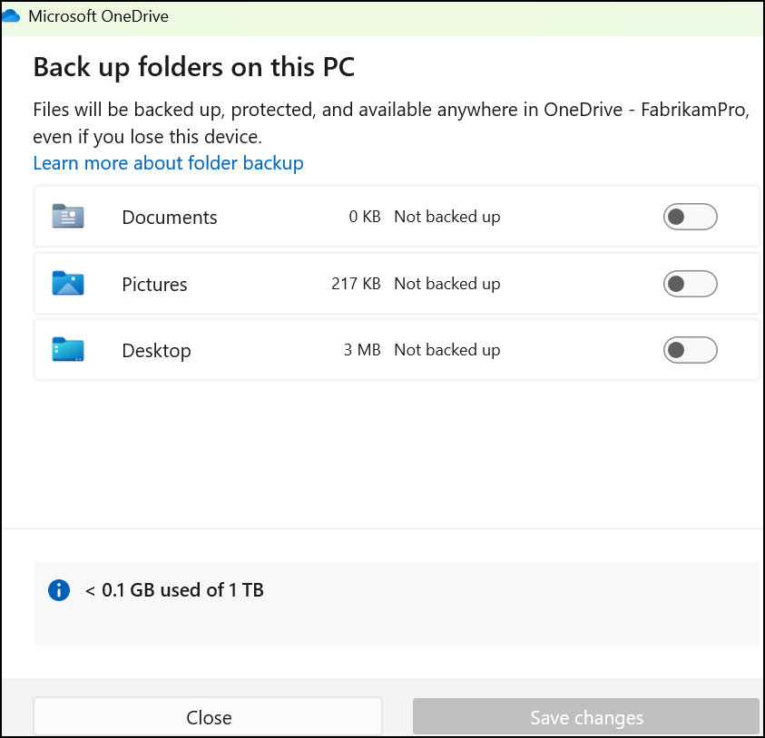 Screenshot of the Set up protection of important folders dialog box in OneDrive