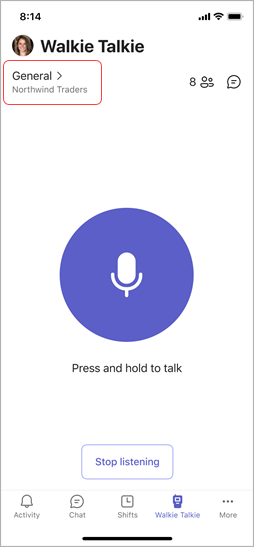 Walkie Talkie screen, showing one selected channel.