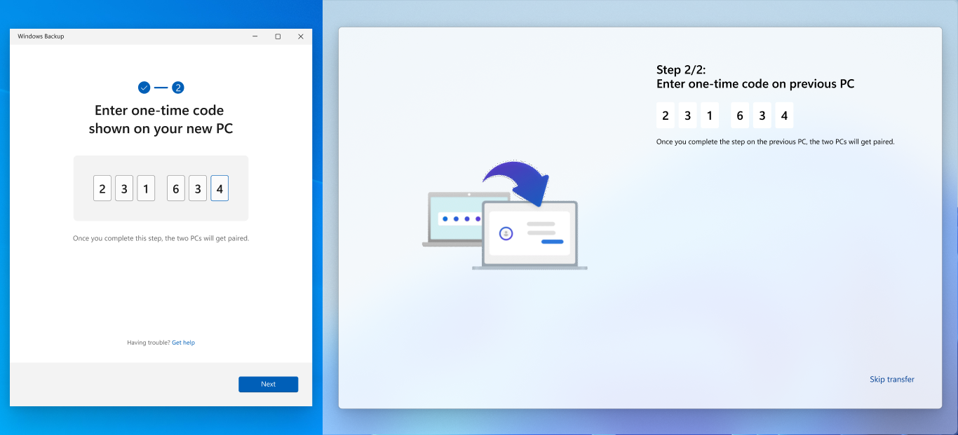 Screenshot of previous and new PC completing the pairing process.