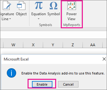 Custom Pivot View button and dialog turning on the add-in in Excel
