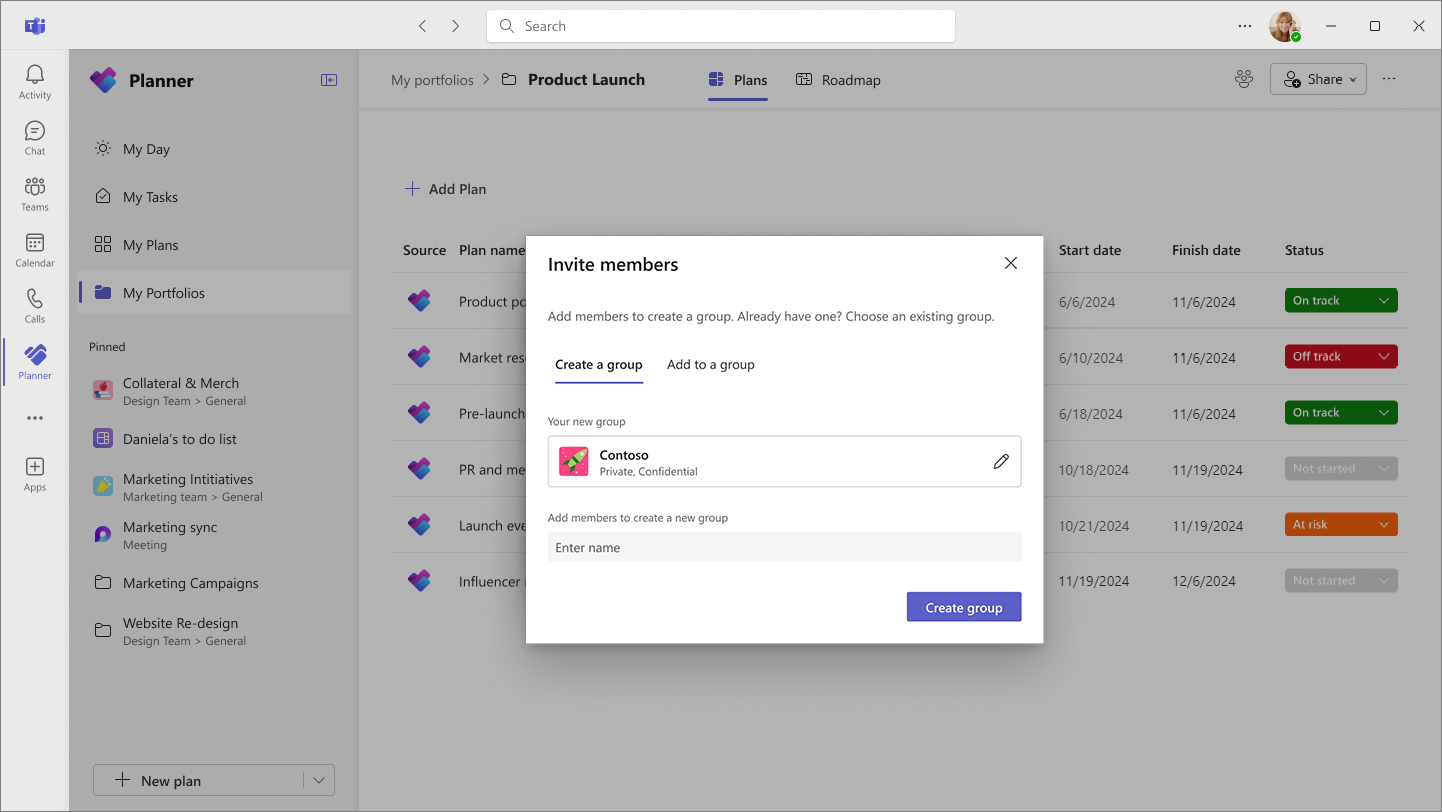 A screenshot of Planner in Teams displaying the Plans view for My Portfolios with the Invite members window open in the center.