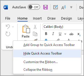 Image of option to hide the Quick Access Toolbar