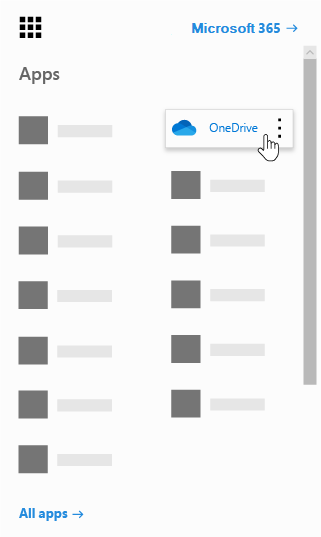 The Office 365 app launcher with the OneDrive app highlighted