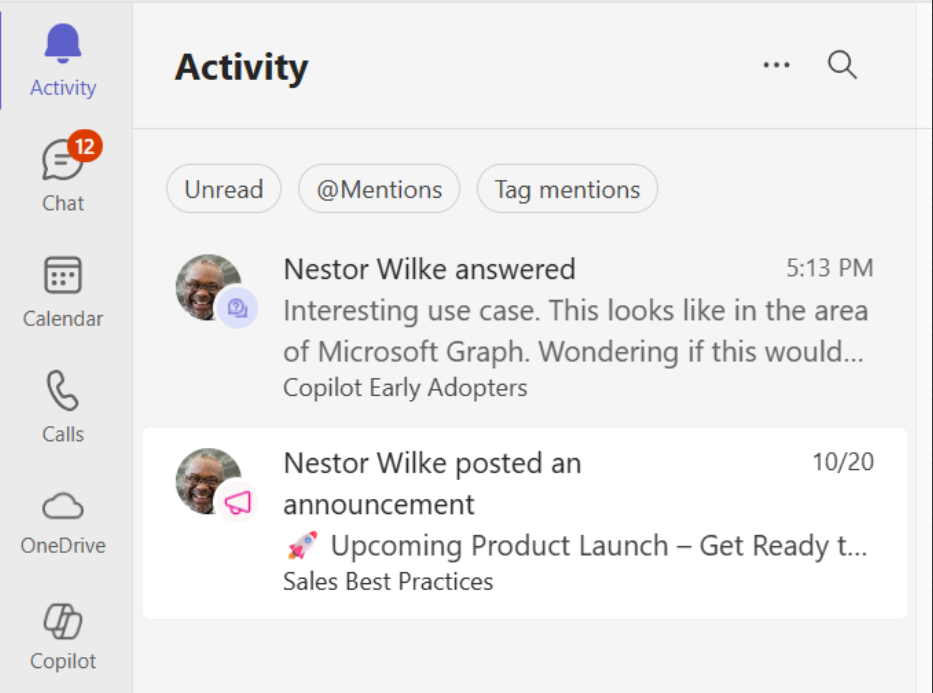 Screen cap showing community content in the Teams Activity feed