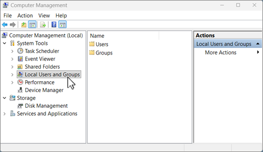 The Computer Management screen in Windows 11, with Local Users and Groups highlighted.