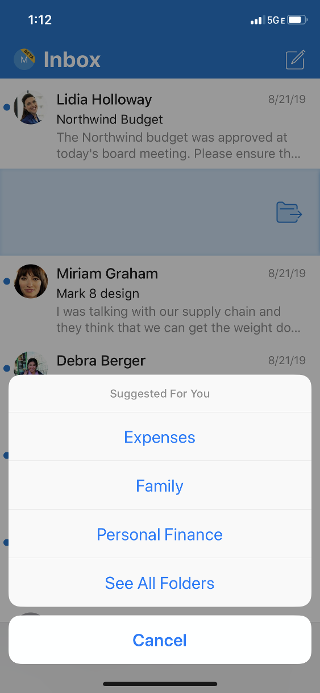 Shows an inbox with a list of folder options and an option to see all folders.