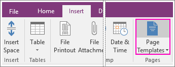 Screenshot of the Page Templates button in OneNote 2016.