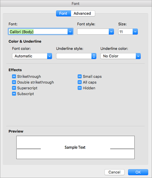 Shows the Font tab in the Font dialog box