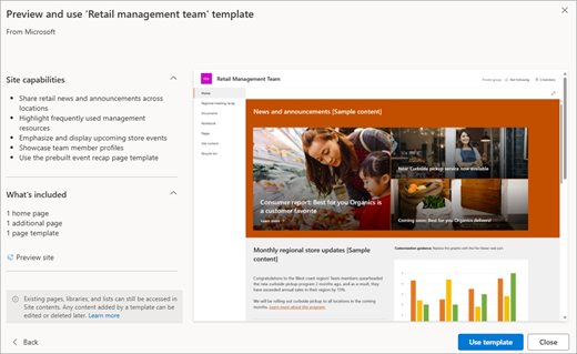 The preview of a SharePoint template from Microsoft.