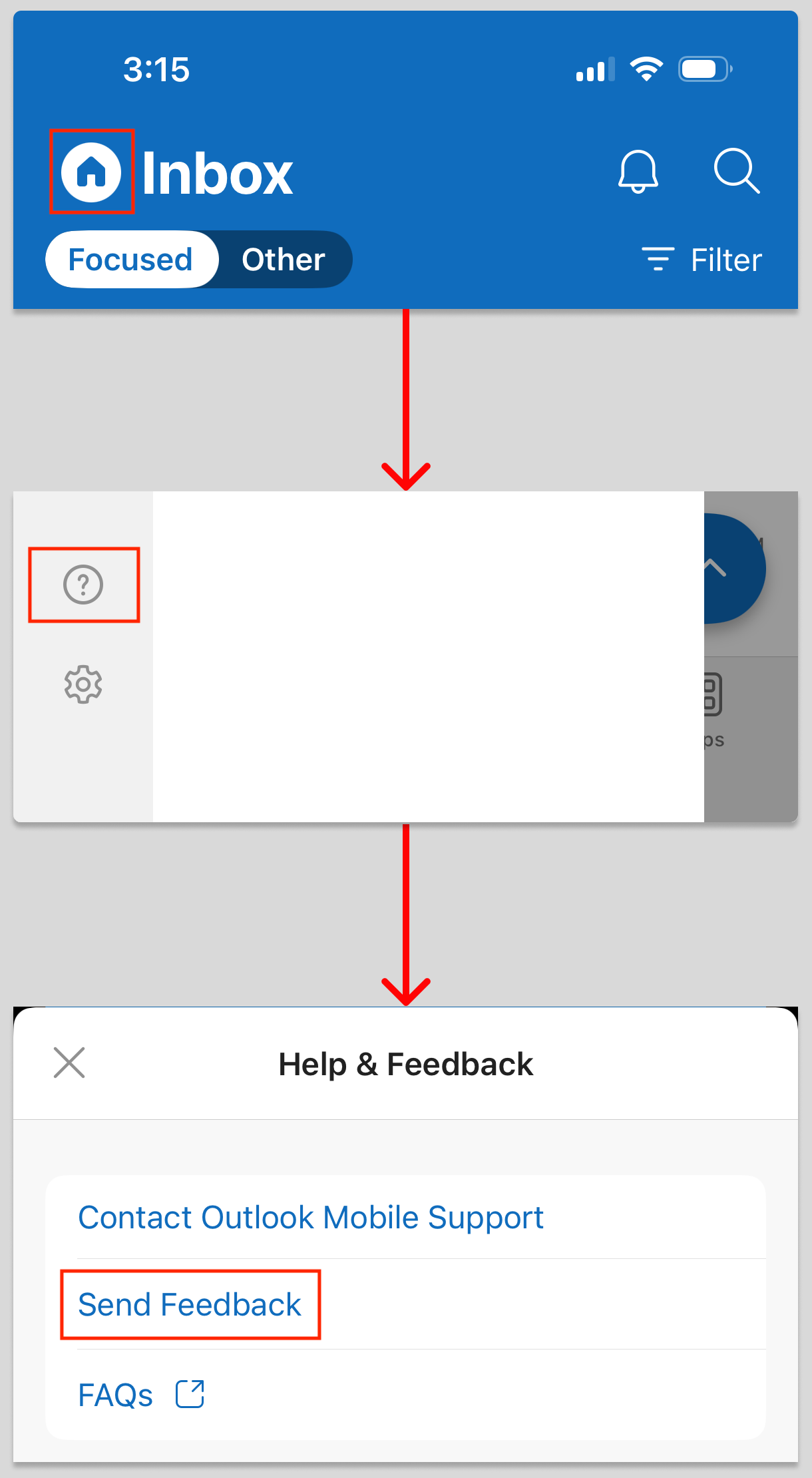 This image reveals how to get to the Send Feedback feature in Outlook for iOS.