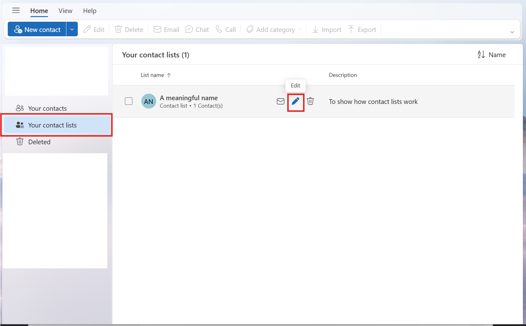 Contact lists home screen showing the option to edit a contact list by hovering over one