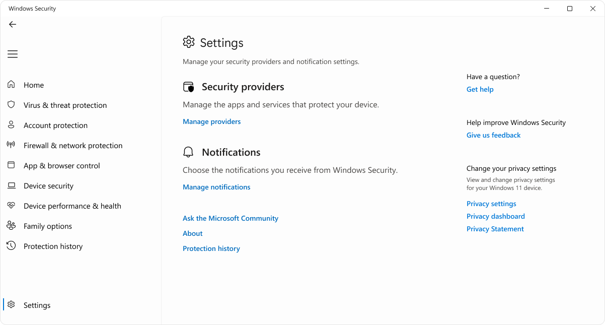 Screenshot of the settings page of the Windows Security app.