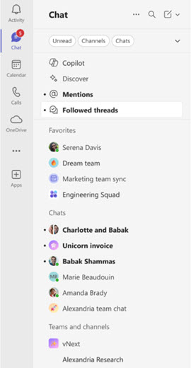 A screenshot of a Chat list with bolded followed threads and @mentions.