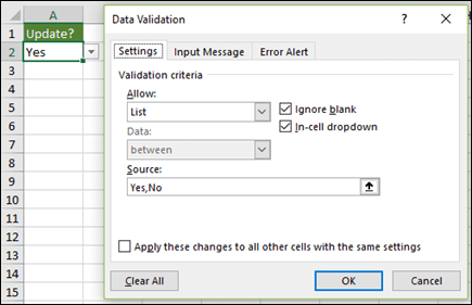Drop-down list Source is manually entered