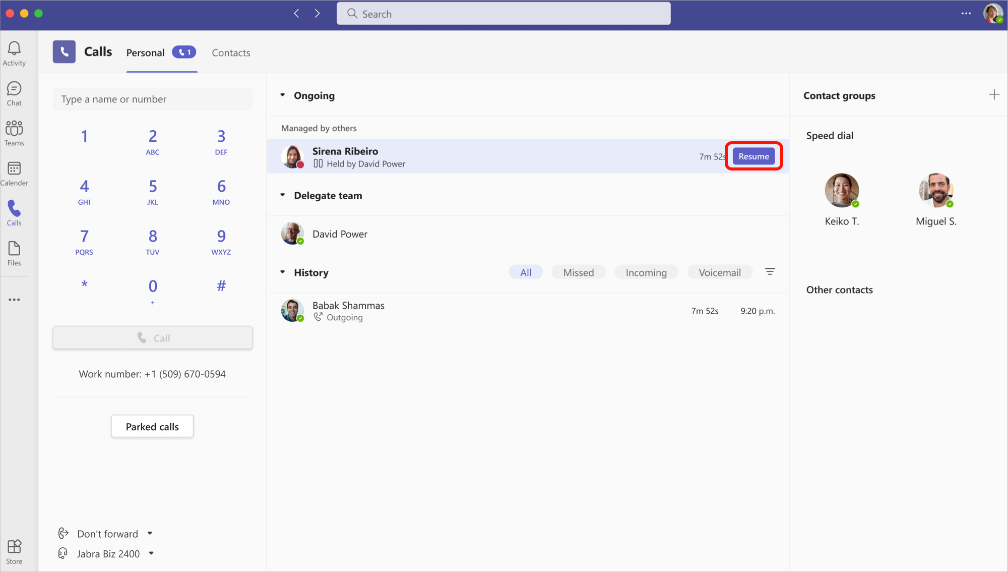 Resume a held call in the Calls tab.