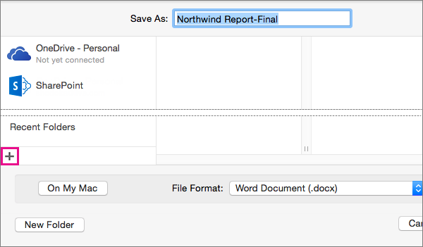 To add an online service, click the plus sign at the bottom of the left column in the Save As dialog box.