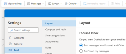 Screenshot of Settings > Mail > Layout > Focused Inbox
