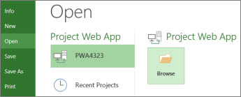 Browse button for opening a Project Web App file