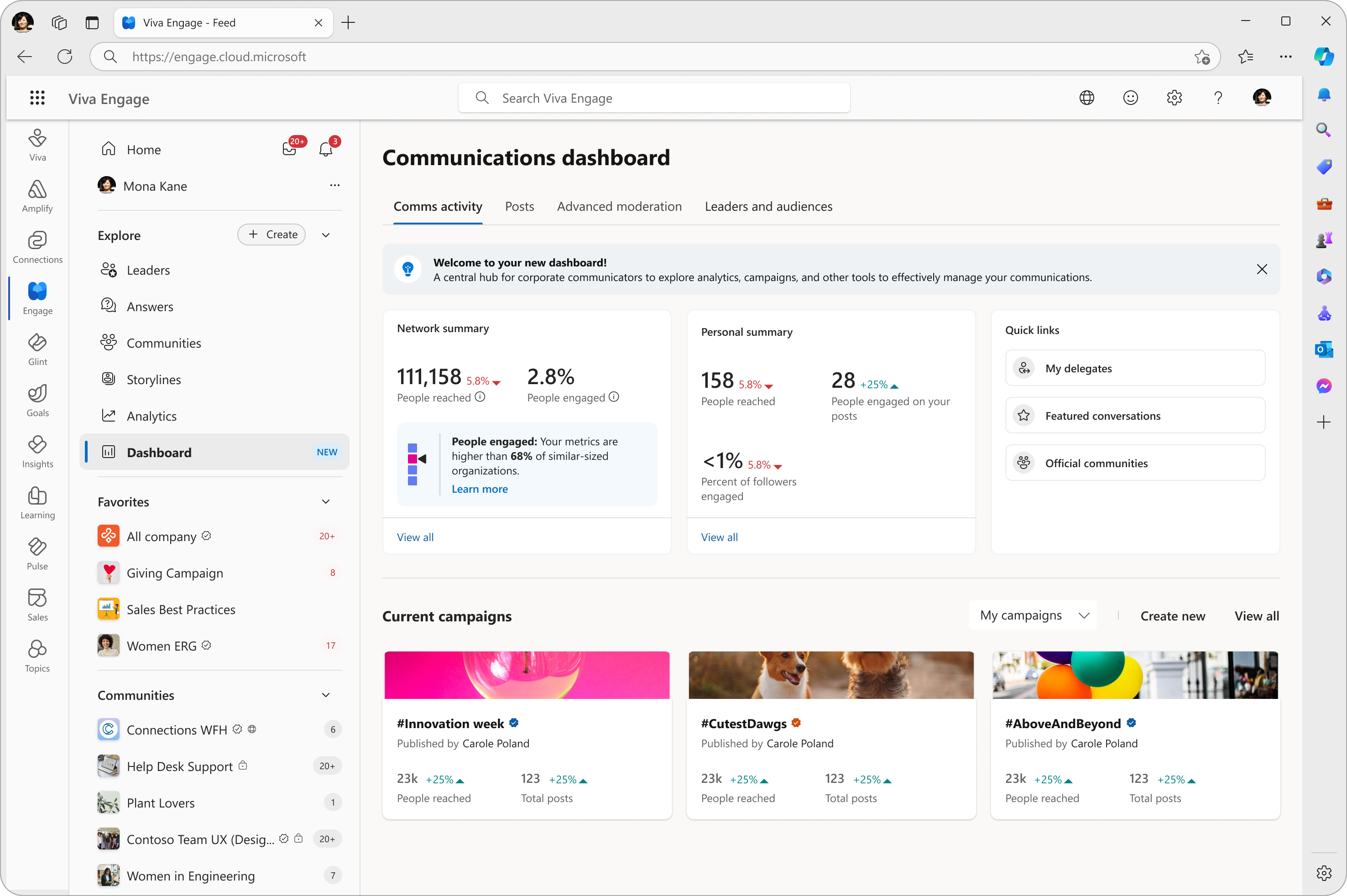 Communications dashboard main page Provides access to a number of corporate communications functions