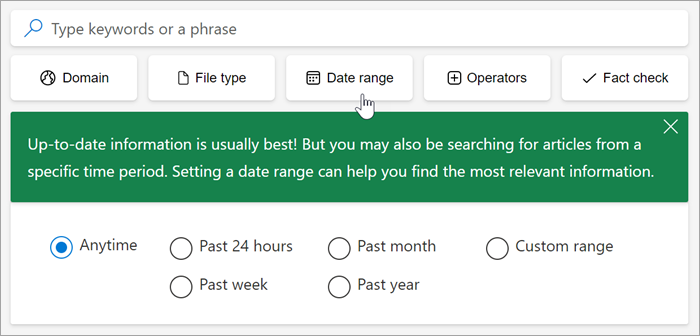 Screenshot of the date range options, past 24 hours, past week, past month, past year, custom range