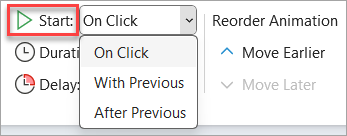 The Start drop-down selector in Animation Timing.