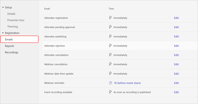 Screenshot of communications tab in webinar setup options, showing webinar emails